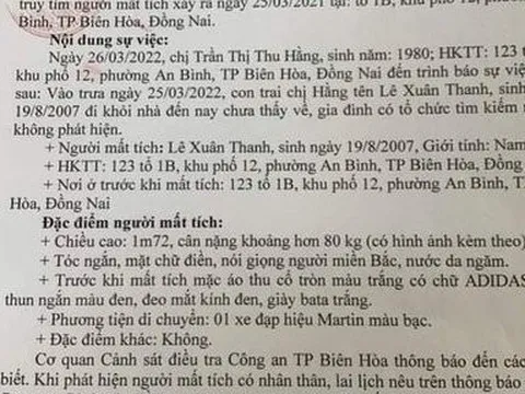 Đồng Nai: Khẩn tìm học sinh lớp 9 mất tích bí ẩn