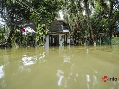 Nước sông lên cao, hàng chục nhà dân ngoại ô Hà Nội chìm trong biển nước