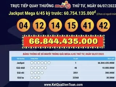 Vé số Vietlott mua qua mạng trúng giải Jackpot 66,8 tỉ đồng