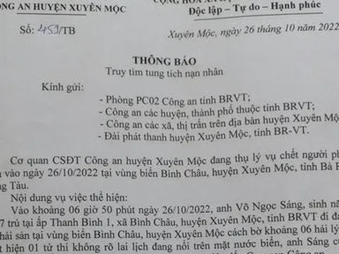 Bà Rịa-Vũng Tàu: Công an tìm thân nhân thi thể nam giới nổi trên biển