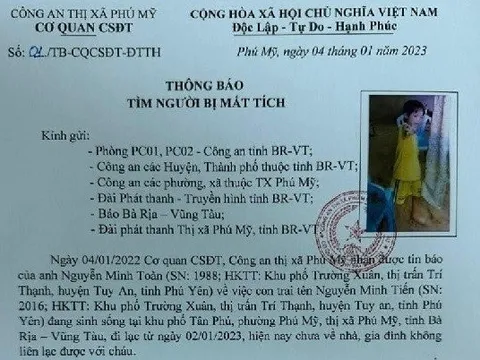 Công an thông báo tìm bé trai 6 tuổi mất tích ở Bà Rịa - Vũng Tàu