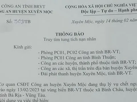 Bà Rịa -Vũng Tàu: Công an tìm thân nhân tử thi nam giới nổi trên biển