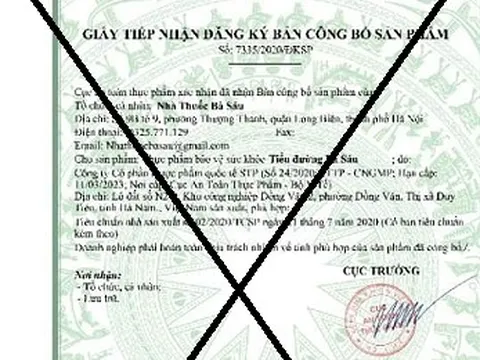 Giấy đăng ký công bố sản phẩm "Tiểu đường Bà Sáu" giả mạo