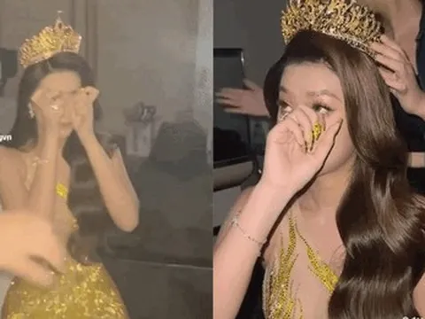 Hoa hậu Thiên Ân bị bắt gặp khóc nức nở trong hậu trường
