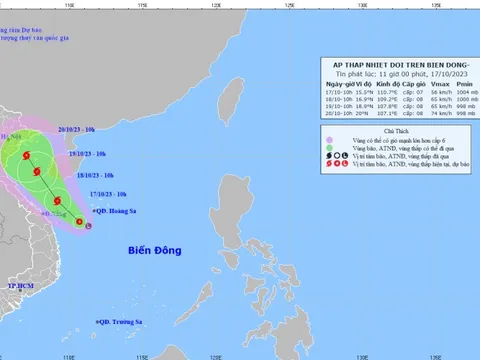 Vùng áp thấp đã mạnh lên thành áp thấp nhiệt đới trên Biển Đông
