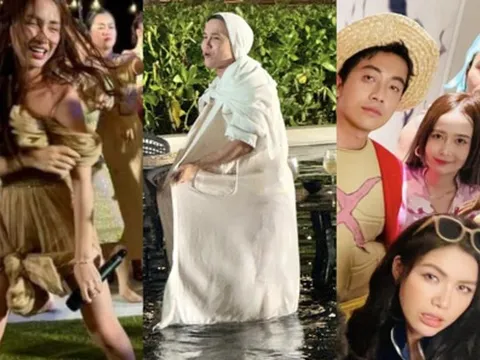 Tiệc tối đám cưới Puka - Gin Tuấn Kiệt: Hòa Minzy buộc váy "quẩy" bất chấp, dàn sao Vbiz hết hóa trang đến "đại chiến" hồ bơi