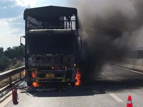 Xe tải bốc cháy dữ dội trên cao tốc Vĩnh Hảo - Phan Thiết