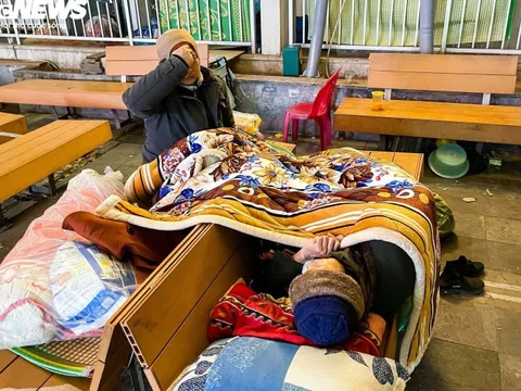 Người lao động đốt lửa xuyên đêm, ghép bìa carton chống giá rét 8 độ C ở Hà Nội