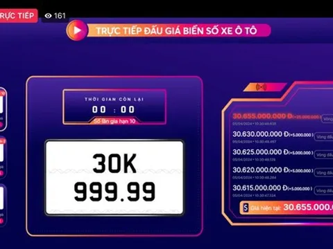 Đấu giá lại, biển số 30K-999.99 được trả hơn 30 tỷ đồng